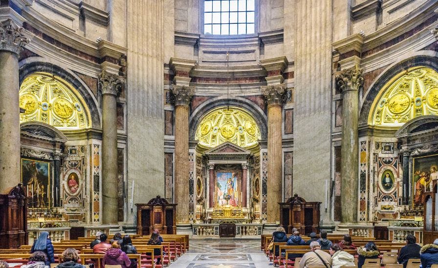Interior of church with people sitting in pews, Historical Tapestry St. Peter's Basilica.